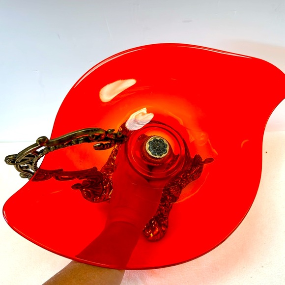 Mid Century orange glass centrepiece with cast metal Medusa faces base - Picture 2 of 15